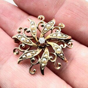 Womens Brooch Pin 14K Yellow Gold 3mm Diamond Pearl Estate Jewelry 2.49 Grams
